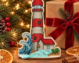 Christmas Lighthouse Cross Stitch Kit on Wood, Nautical Holiday Decor, DIY Wooden Embroidery, Coastal Xmas Craft Gift