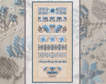 Sampler Cross Stitch Kit, Cornflower Folk Embroidery, Decorative Stitch Project, Linen Needlework, Gift for Stitcher