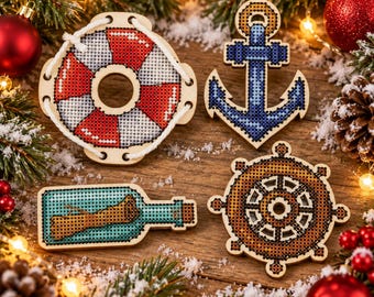 Nautical Cross Stitch Kit on Wood, DIY Embroidery Magnet Set, Anchor Lifebuoy Ship Wheel Bottle, Coastal Craft Gift