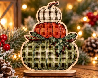 Christmas Pumpkin Cross Stitch Kit on Wood, Rustic Farmhouse Holiday Decor, DIY Wooden Embroidery, Festive Autumn Craft Gift