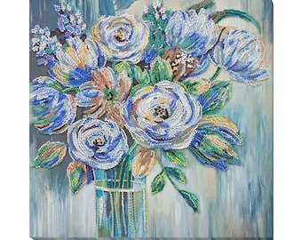 Floral Bead Embroidery Kit Pastel Bouquet DIY Art Canvas, Blue White Flower Wall Decor, Czech Beads Craft