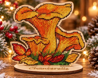 Chanterelle Mushroom Cross Stitch Kit on Wood, Autumn Woodland Embroidery, DIY Wooden Mushroom Decor, Fall Nature Craft Kit