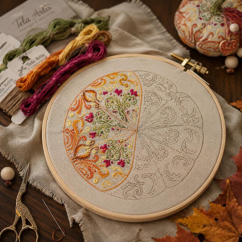 Embroidery work in progress shown in an embroidery hoop. The pumpkin pincushion design features counted cross stitch, decorative stitches, autumn-inspired motifs, and hand-dyed thread colors. This photo demonstrates the stitching process and detail of the sampler before final assembly.