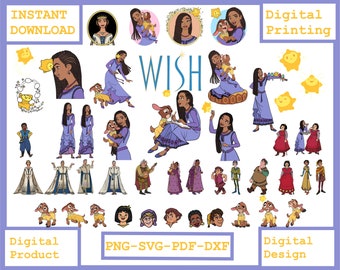 Wish Png Svg Bundle clipart set, Wish princess Asha svg cut files for Cricut / Silhouette, png, wish star svg, Wish png, dxf,pdf, Wish movie