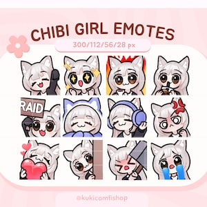 12 Süße Catgirl Emote Pack für Twitch und Discord, Silberne Haare Braune Augen Anime Chibi Girl Emotes