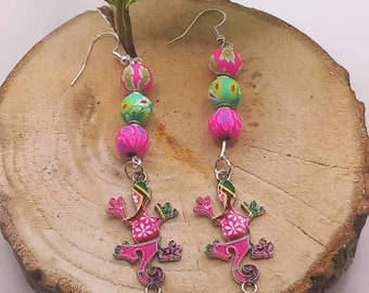 Hand made . Holiday fun. "Crazy gecko" colourful drop earrings