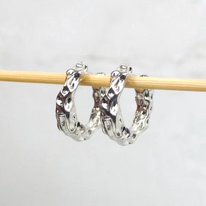 Silver Plated Hammered Hoop Earrings, Vintage Style Huggies
