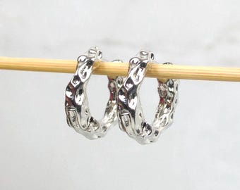 Silver Plated Hammered Hoop Earrings, Vintage Style Huggies