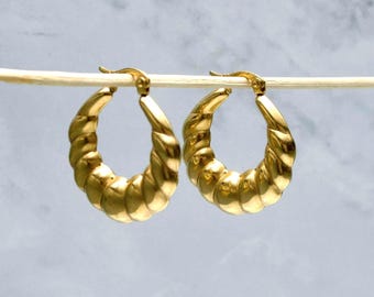 Boucles d'oreilles créoles croissant plaquées or 18 carats, bijoux torsadés épais pour tous les jours