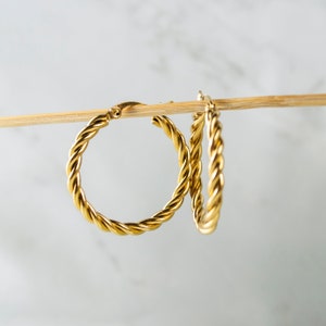 Puede incluir: Un par de pendientes de aro dorados con un diseño de cuerda trenzada.