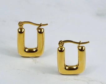 Boucles d'oreilles créoles rectangulaires plaquées or 18 carats, créoles carrées classiques
