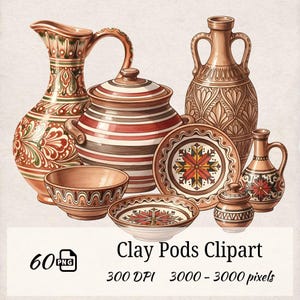 May include: A collection of hand-painted clay pottery in various shapes and sizes. The pieces include a pitcher, bowls, plates, and a lidded pot, all adorned with intricate floral and geometric designs in shades of brown, red, and green. The image includes the text "Clay Pods Clipart".