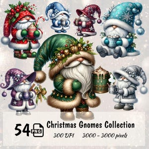 Christmas Gnomes with Hot Cocoa Clipart Set, 54 PNG Watercolor Winter Gnome Illustrations, Watercolour PNG Bundle, Festive Digital Download