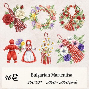 May include: Watercolor illustrations of Bulgarian Martenitsa, featuring red and white braided decorations with floral arrangements. The image includes wreaths, bouquets, and figures, with text at the bottom indicating the file type and resolution.