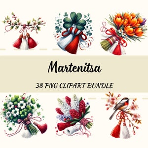 Clipart búlgaro Martenitsa con flores de ramo,Descarga digital y decoraciones,Flores de primavera con Martenitsa.Baba Marta