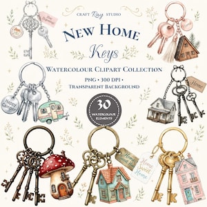 Op de afbeelding: Een digitale collectie aquarelclipart met diverse sleutelhangers met huis-, camper- en paddenstoelbedels, samen met vintage-stijl sleutels en labels met de tekst New Beginnings, Home, Happy Camper en Home Sweet Home, getiteld New Home Keys.