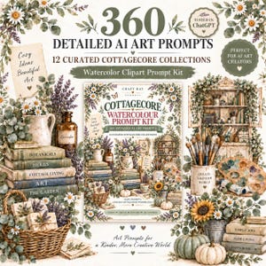 360 KI-Kunstimpulse im Paket, Aquarell-Clipart-Set im Cottagecore-Stil, ChatGPT-Bildimpulse für die Kursmitte, 12 Sammlungen, Digitaler Download