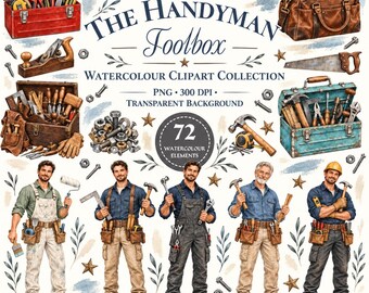 Handyman Toolbox Clipart PNG Bundle, Father's Day Tool Box Illustrations, DIY Dad Workshop Watercolor Sublimation, Craft Digital Download