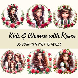Könnte beinhalten: Ein digitales Clipart-Paket mit 35 Bildern von Frauen und Kindern mit floralen Kränzen aus roten und weißen Rosen. Die Bilder sind im Cartoon-Stil gehalten und perfekt für Bastelprojekte.