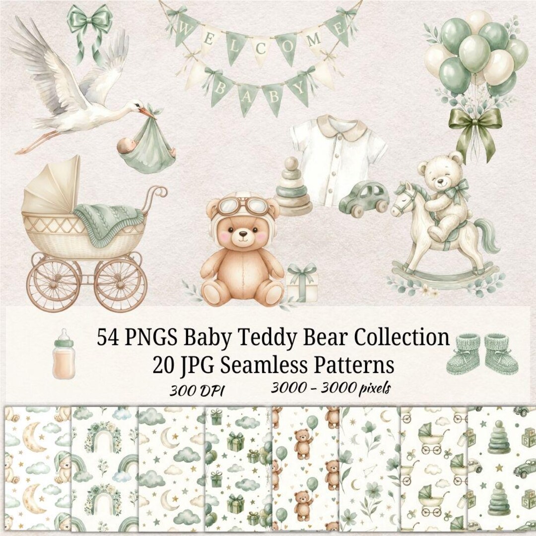 Baby Teddy Bear Collection Clipart and Seamless Patterns | 54 PNG | 20 ...