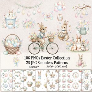 Easter Bunny Clipart Bundle 106 PNG, Spring Watercolor Rabbits, 25 Seamless Patterns, Pastel Easter Graphics 300 DPI