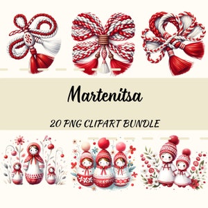 Puede incluir: Un conjunto de 20 imágenes de clipart digital que representan amuletos tradicionales búlgaros martenitsa. Los amuletos son rojos y blancos, con diseños intrincados y borlas. El clipart es perfecto para manualidades, scrapbooking y otros proyectos creativos.
