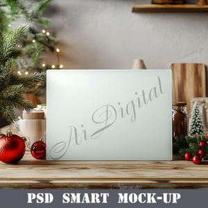 May include: A white frosted glass cutting board with the text "Ai Digital" in gray script on a wooden table with red Christmas ornaments and a pine branch.
