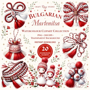 May include: A digital collection of 20 watercolor Bulgarian Martenitsa clipart elements featuring red and white braided tassels, decorative ornaments, and two small figures in traditional attire, with text reading Bulgarian Martenitsa.