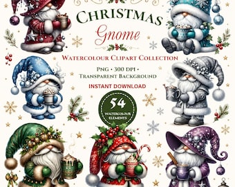 Christmas Gnomes with Hot Cocoa Clipart Set, 54 PNG Watercolor Winter Gnome Illustrations, Watercolour PNG Bundle, Festive Digital Download