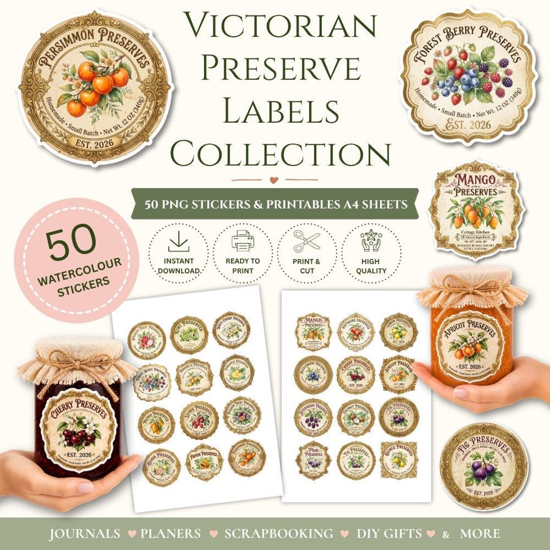 Victorian Preserve Labels PNG, Watercolor Fruit Jar Stickers ...