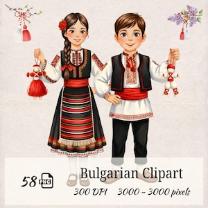 Bulgarian Martenitsa Clipart – 58 PNG Folk Costume Kids, Bulgarian Traditions, Flowers, Hand-Drawn Cultural Art, 300 DPI Digital Set