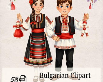 Imágenes prediseñadas de la Martenitsa búlgara: 58 imágenes PNG de trajes folclóricos infantiles, tradiciones búlgaras, flores, arte cultural dibujado a mano, conjunto digital de 300 ppp.