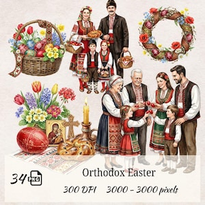 Clipart de Pascua Ortodoxa, Conjunto PNG de Familia Folklórica Búlgara, 35 Elementos de Pascua en Acuarela, Huevos Rojos, Corona, Canasta, Kozunak, 300 DPI