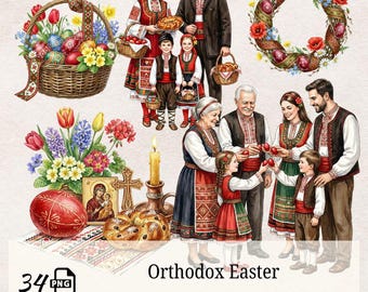 Orthodox Easter Clipart, Bulgarian Folk Family PNG Set, 35 Watercolor Easter Elements, Red Eggs, Wreath, Basket, Kozunak, 300 DPI