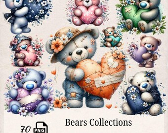 70 Cute Watercolor Teddy Bear Clipart PNG Bundle | Floral Heart Teddy Bears Digital Download | Scrapbooking | Floral Teddy Bear Illustration