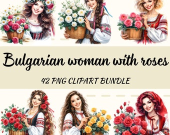 Mujer búlgara con rosas, motivos populares búlgaros digitales PNG, folclore búlgaro PNG, bella mujer con flores, rosas búlgaras, Tsvetnica