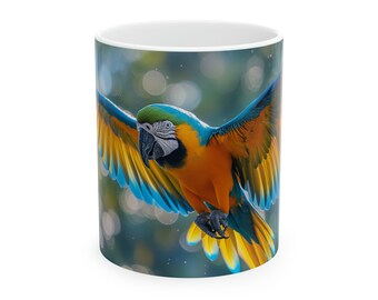 Vibrant Macaw Parrot Ceramic Coffee Mug - 11oz Tropical Bird Print Cup for Coffee, Tea, Hot Chocolate - Perfect Gift for Bird Lovers