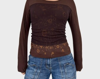Cop Copine Brown Graphic Mesh Overlay Long Sleeve - S/M