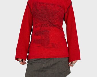 Cop Copine Red Graphic Chunky Knit Jumper - M