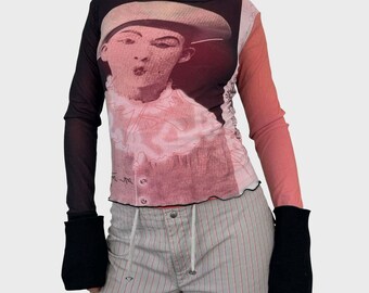 Rare Cop Copine Avant-Garde Clown Print Mesh Turtleneck Top - M