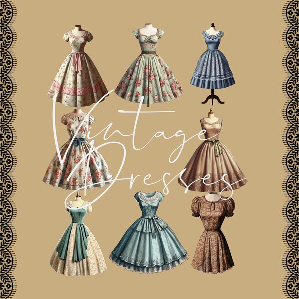 Vintage Dress Clipart Bundle - Commercial Use (see terms below) - 8 High Resolution PNGs