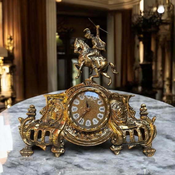 Vintage Brass Mantel Clock, Rococo Horseman Statue, Ormolu Gilded Table Timepiece