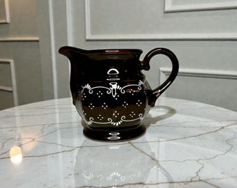 Vintage Brown Ceramic Creamer • Hand Painted White Folk Motif • Rustic Milk Pitcher Cottagecore Style