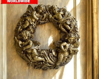 Baroque Cherub Wreath Wall Decor – Antique Gold Angel Plaque, 27x27 cm – Rococo Style Wall Hanging, Vintage-Inspired Home Decoration