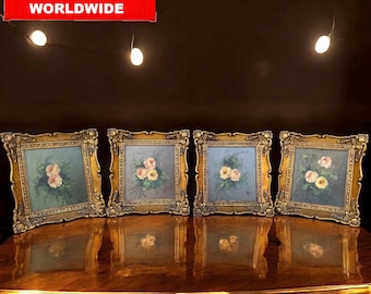 Vintage Floral Oil Paintings - Rococo Gold Frames - Set of 4