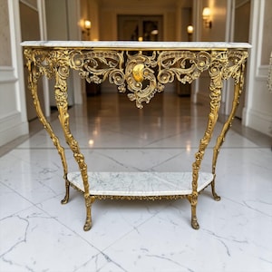 Vintage Marble Top Console Table, Gilt Bronze Rococo Baroque Entryway Hall Table