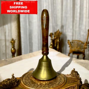 Vintage Brass Hand Bell with Wooden Handle – School Bell or Ritual Bell – Rustic Home Decor or Altar Accessory