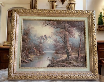 Vintage Oil Painting, Landscape Wall Art, Mountain River Scene, Framed Canvas Artwork, Antique Style Home Decor