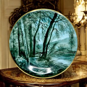 エリートフランス リモージュ磁器プレート、手描きの森の風景、カルティエのサイン入り – アンティークウォールデコレーション