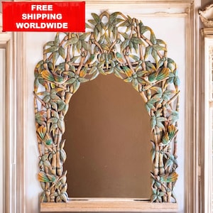 Hand Carved Wood Mirror Frame with Birds & Bamboo – Unique Tropical Wall Art – Large Boho Mirror 105x75 cm – Worldwide Shipping Included
